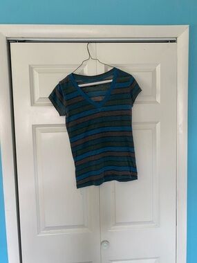 BDG Striped Short Sleeve V-Neck Tee in Teal, Blue, and Gray